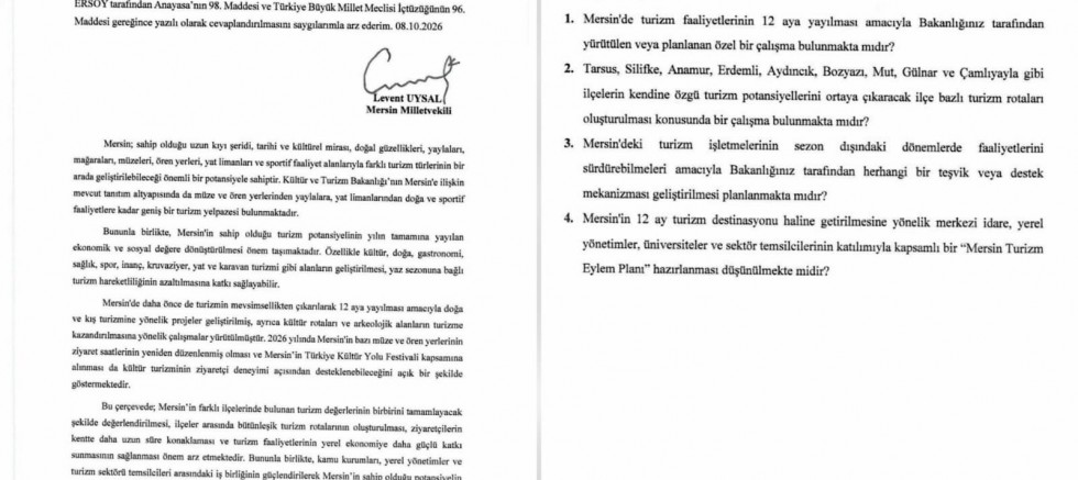 MİLLETVEKİLİ UYSAL’DAN MERSİN’İN TARIM VE TURİZM POTANSİYELİNİ GÜÇLENDİRECEK İKİ ÖNEMLİ ADIM